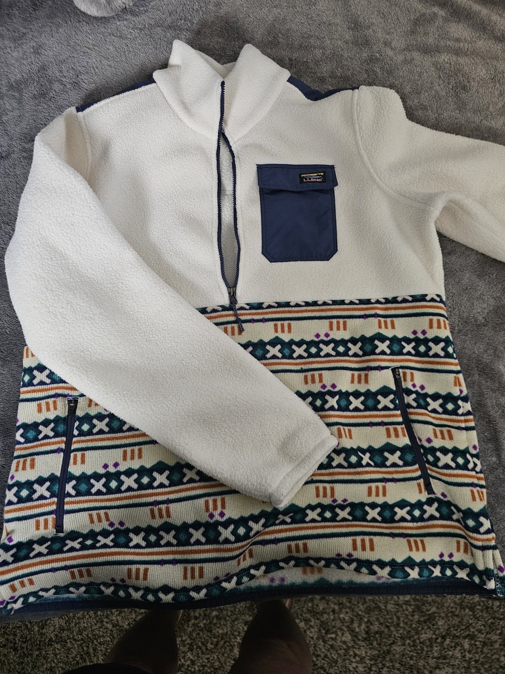L.L. Bean Halg Zip White Sherpa Jacket with Navy Zipper Trim